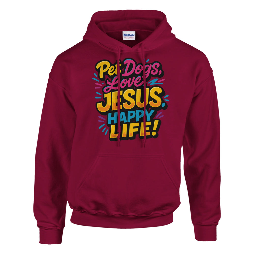 Maroon hoodie with colorful text design on a white background