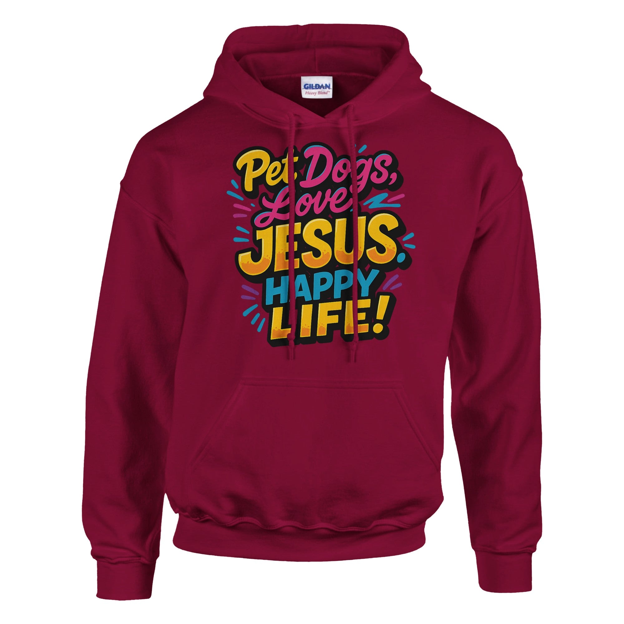 Maroon hoodie with colorful text design on a white background