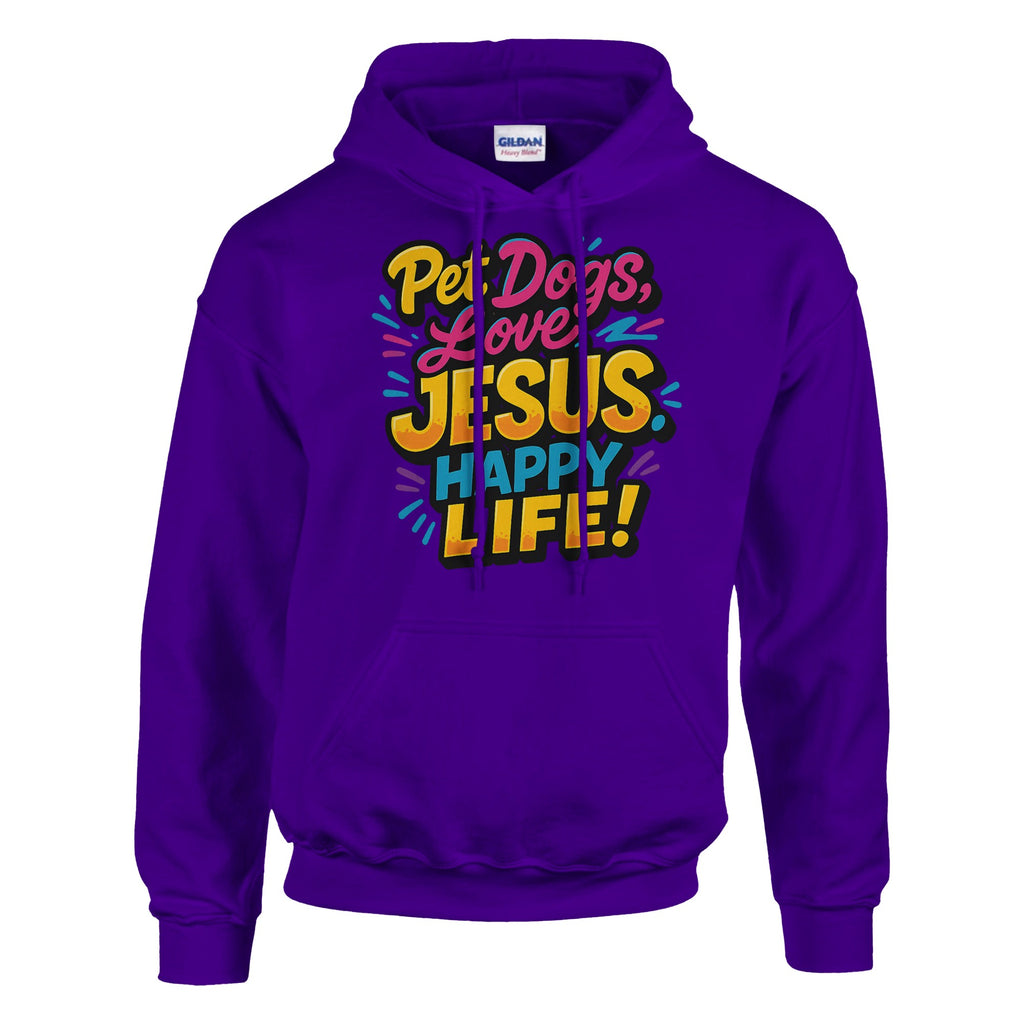 Purple hoodie with colorful text design on a white background
