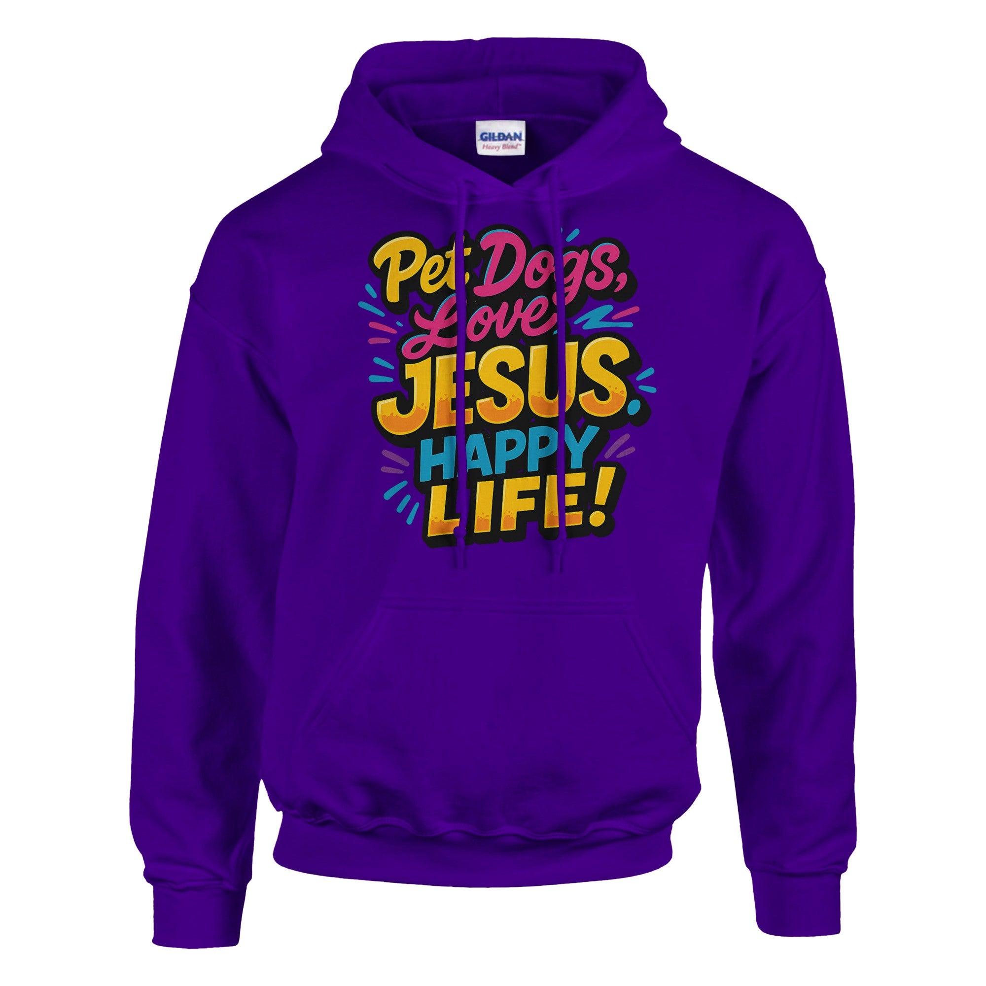 Purple hoodie with colorful text design on a white background