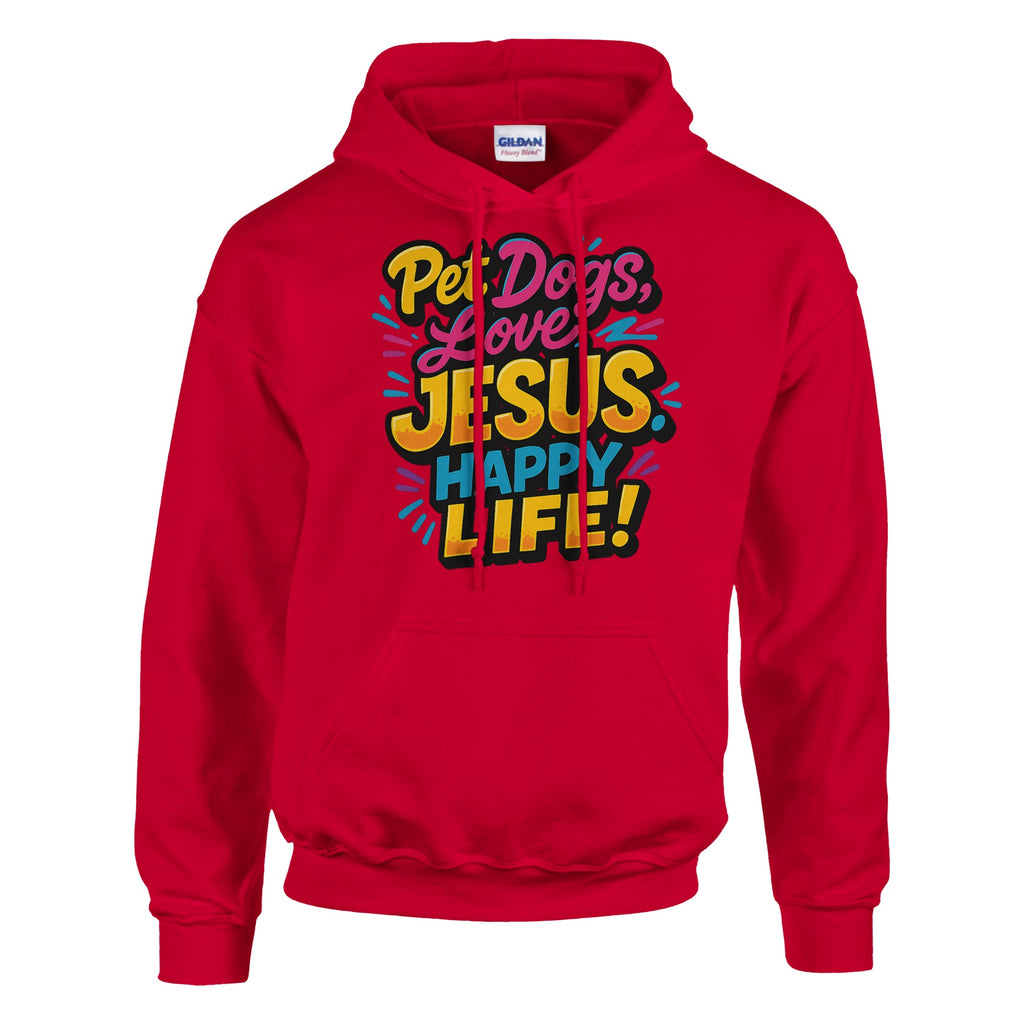 Red hoodie with colorful text design on a white background