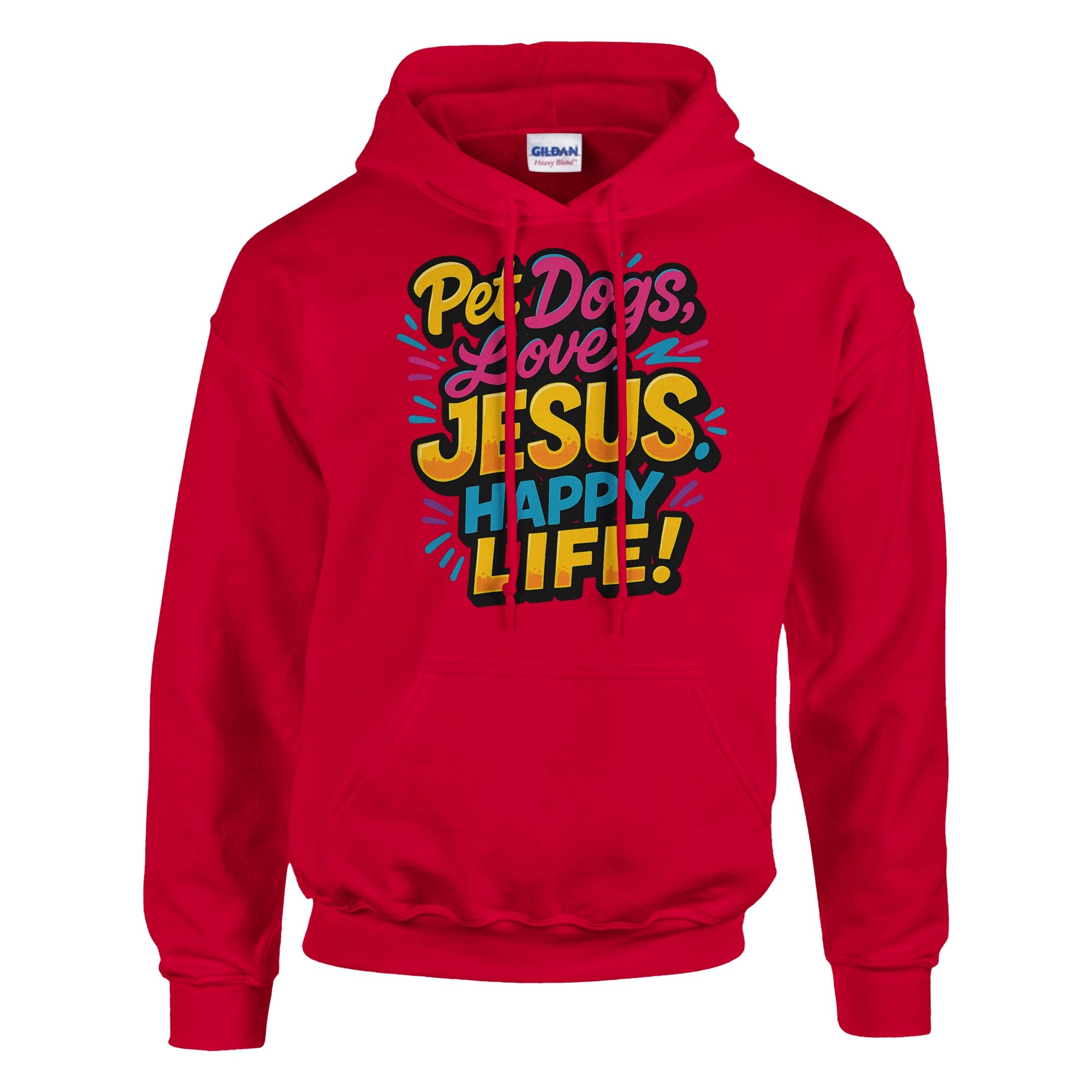 Red hoodie with colorful text design on a white background