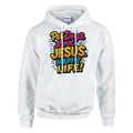 White hoodie with colorful text design on a white background
