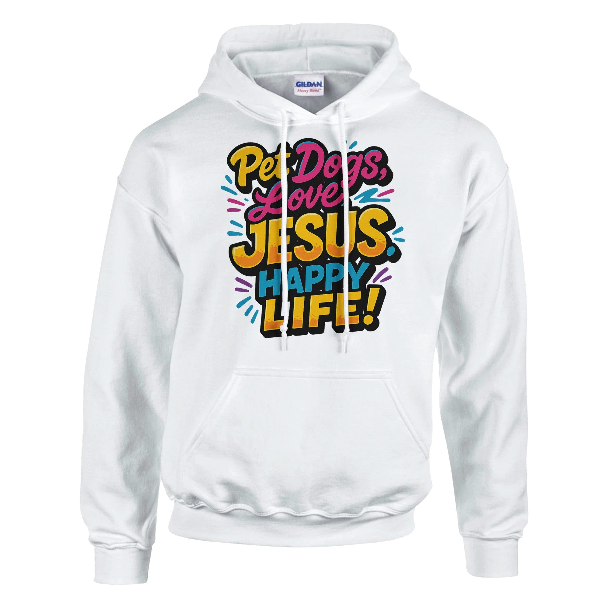 White hoodie with colorful text design on a white background