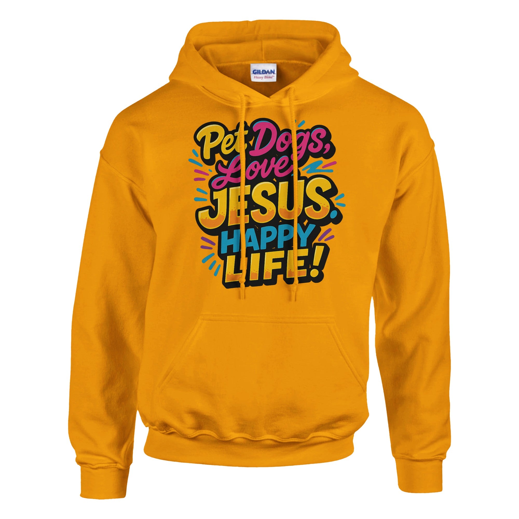 Yellow hoodie with colorful text design on a white background
