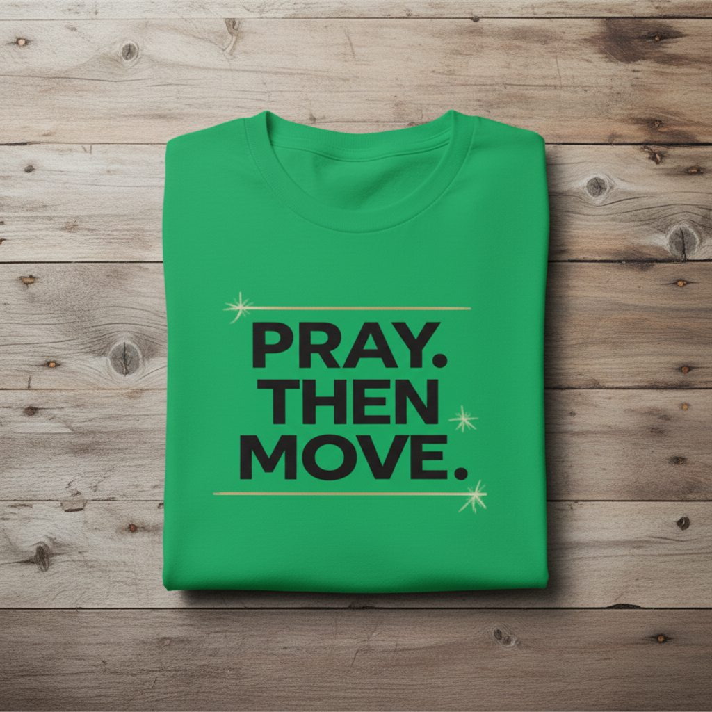 Green t-shirt with 'PRAY. THEN MOVE.' text on a wooden surface