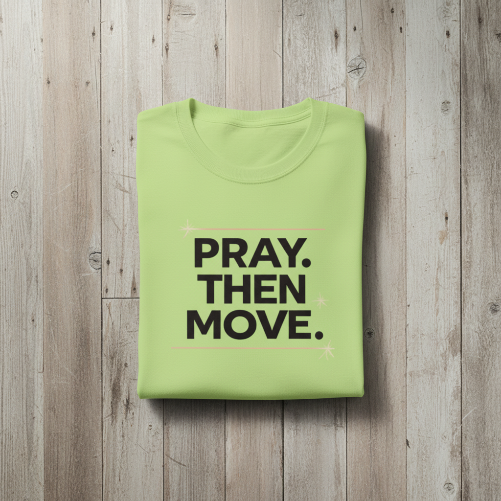 Folded green shirt with 'PRAY. THEN MOVE.' text on a wooden surface