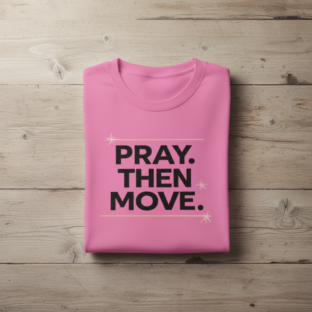 Pink t-shirt with 'PRAY. THEN MOVE.' text on a wooden surface