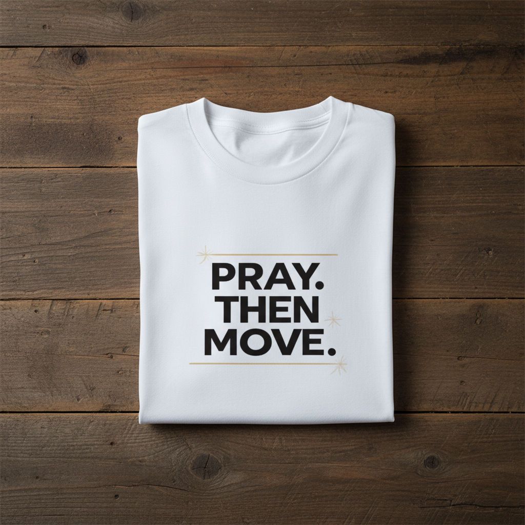 White t-shirt with 'PRAY. THEN MOVE.' text on a wooden surface