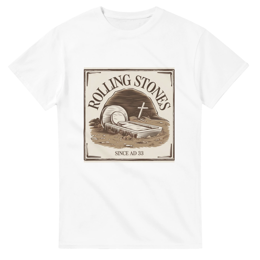 White t-shirt with Rolling Stones graphic design on a white background