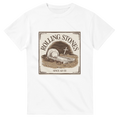 White t-shirt with Rolling Stones graphic design on a white background