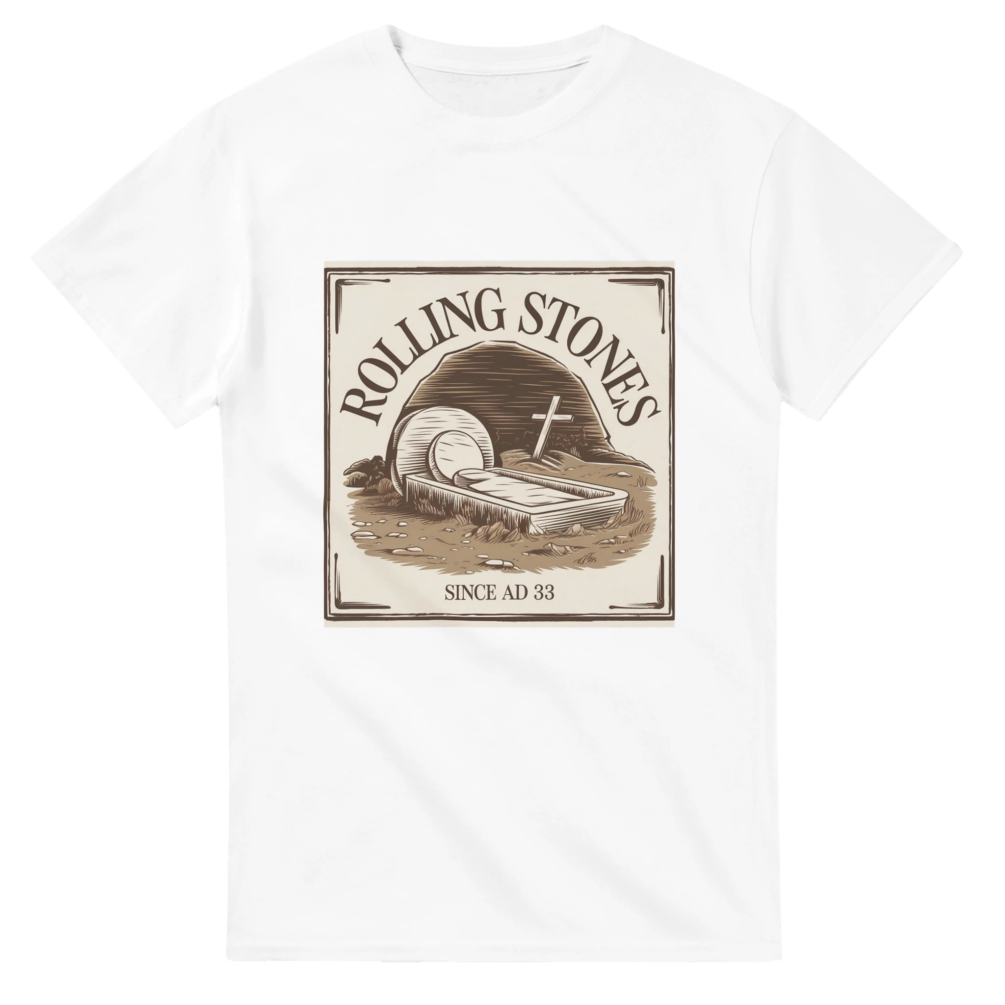 White t-shirt with Rolling Stones graphic design on a white background