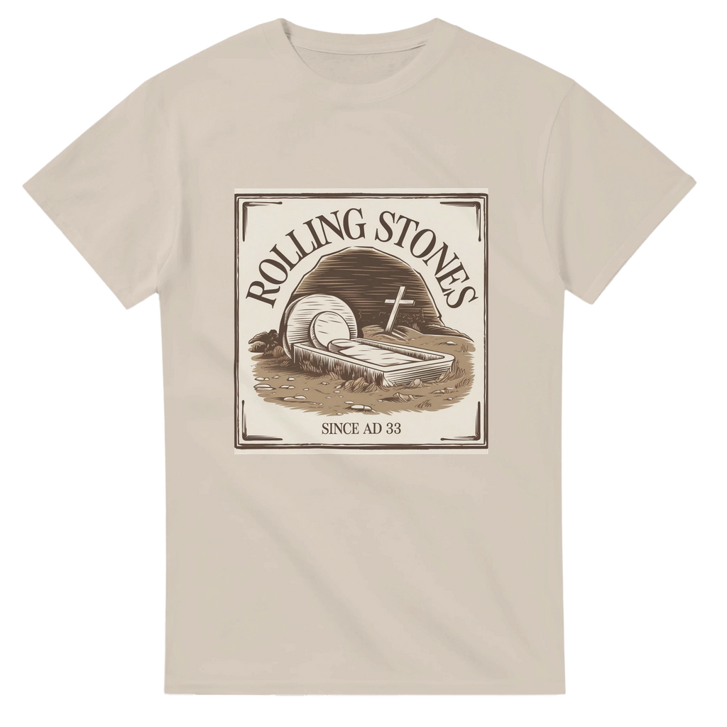 Beige t-shirt with 'Rolling Stones' graphic design on a white background