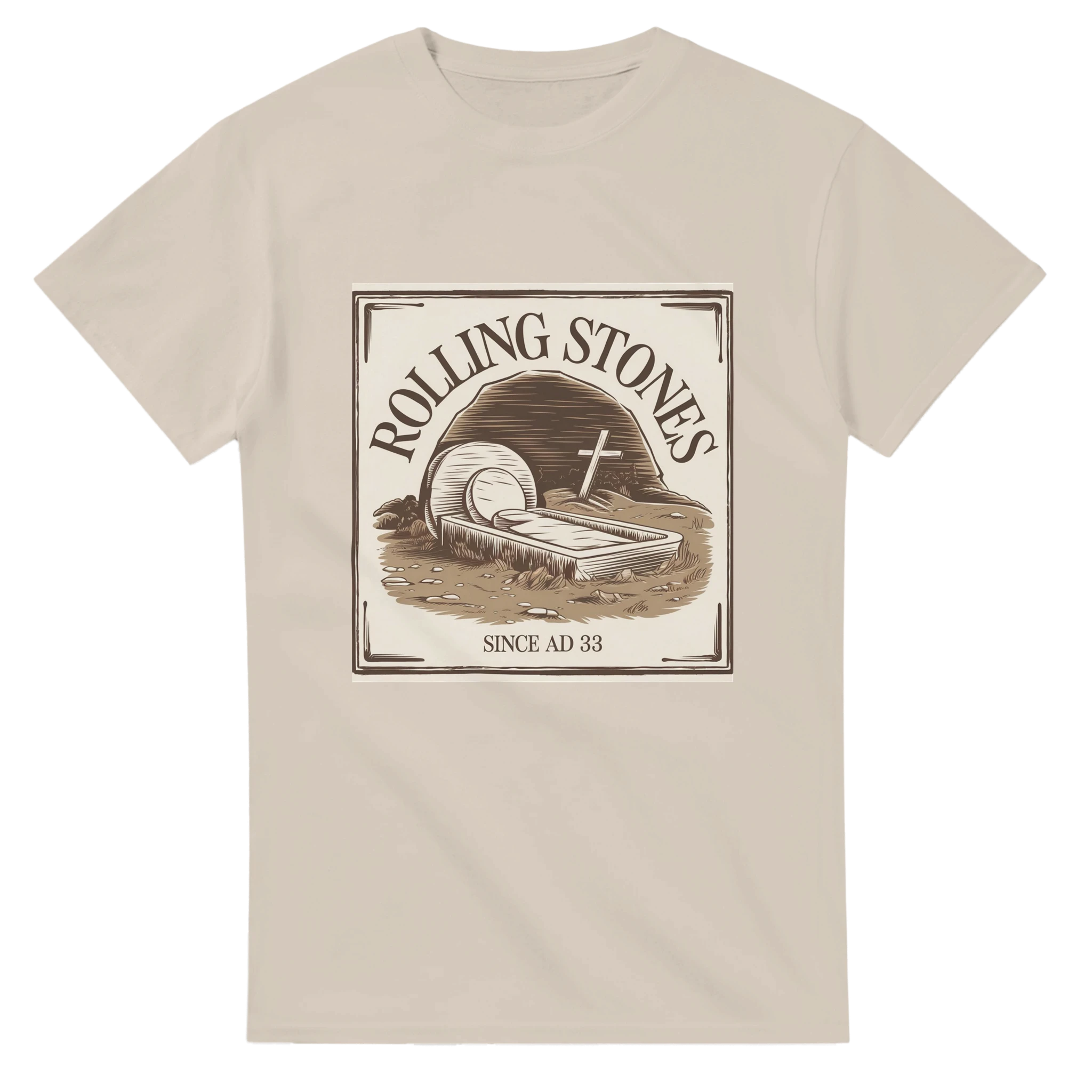 Beige t-shirt with 'Rolling Stones' graphic design on a white background