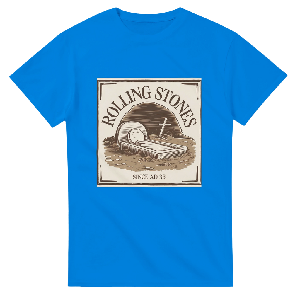 Blue t-shirt with Rolling Stones graphic design on a white background