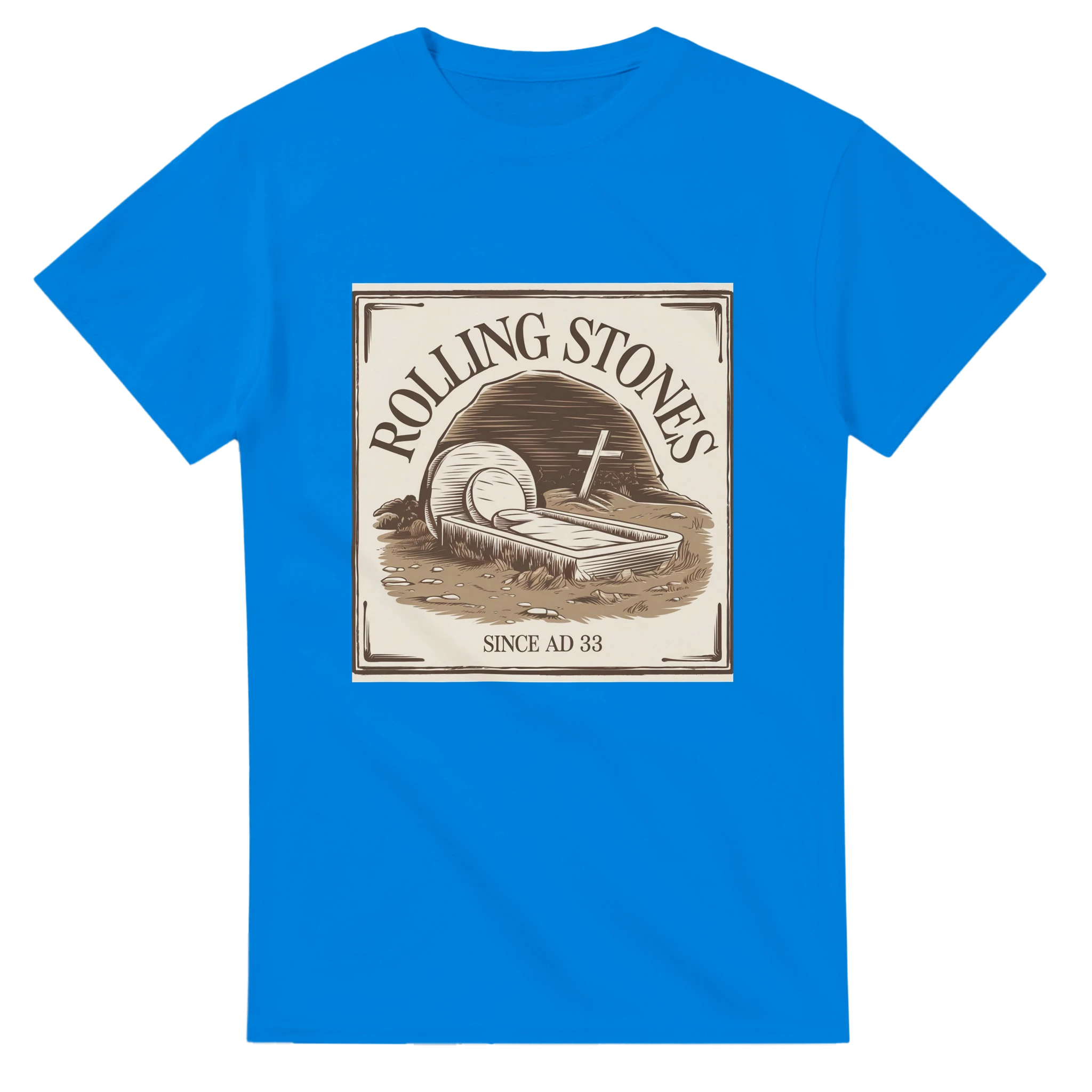 Blue t-shirt with Rolling Stones graphic design on a white background