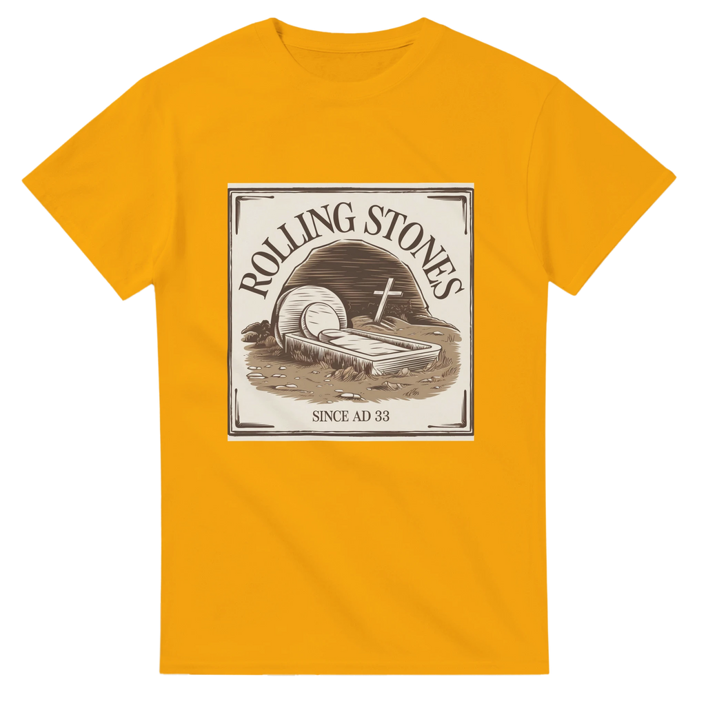 Gold t-shirt with Rolling Stones graphic design on a white background