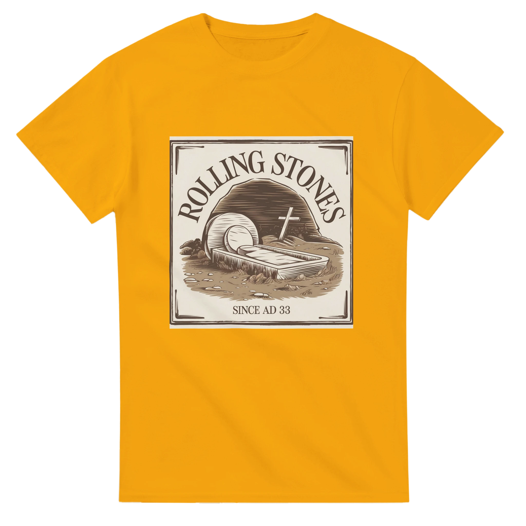 Gold t-shirt with Rolling Stones graphic design on a white background