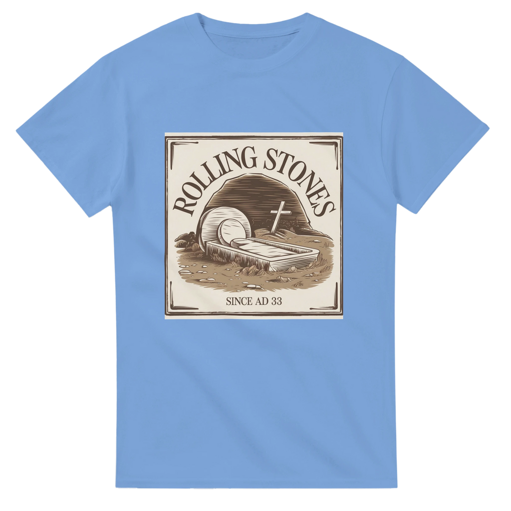 Light Blue t-shirt with Rolling Stones graphic design on a white background