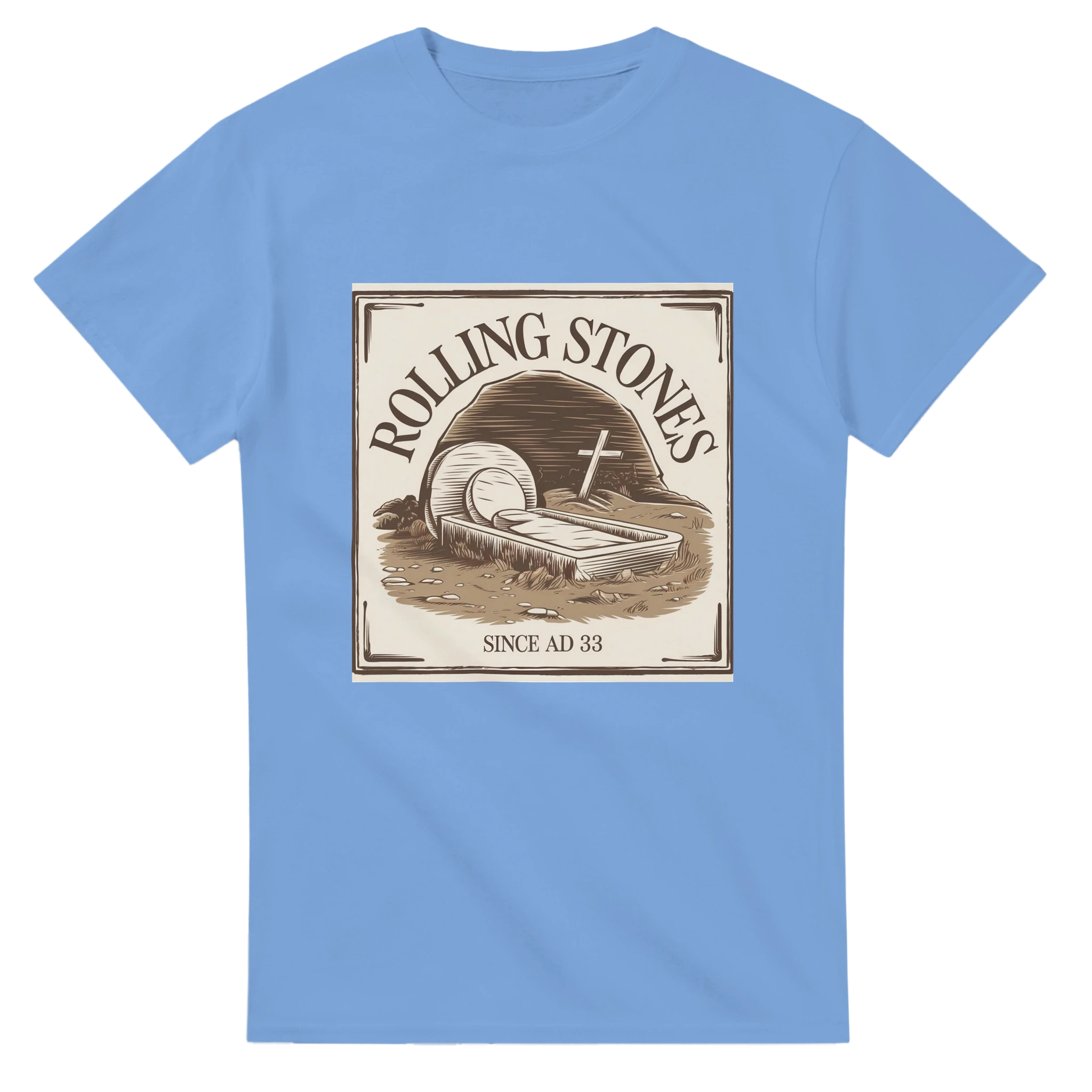 Light Blue t-shirt with Rolling Stones graphic design on a white background