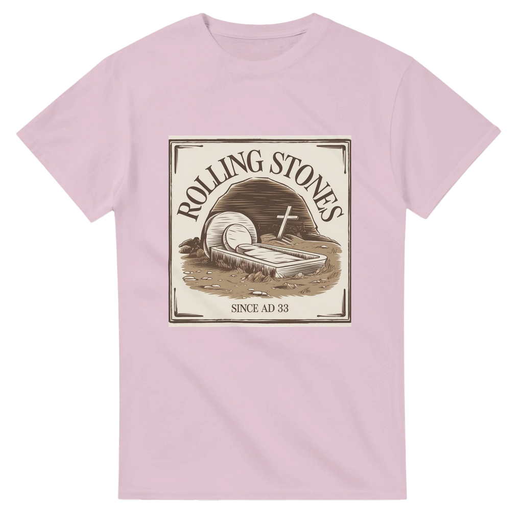Pink t-shirt with Rolling Stones graphic design on a white background