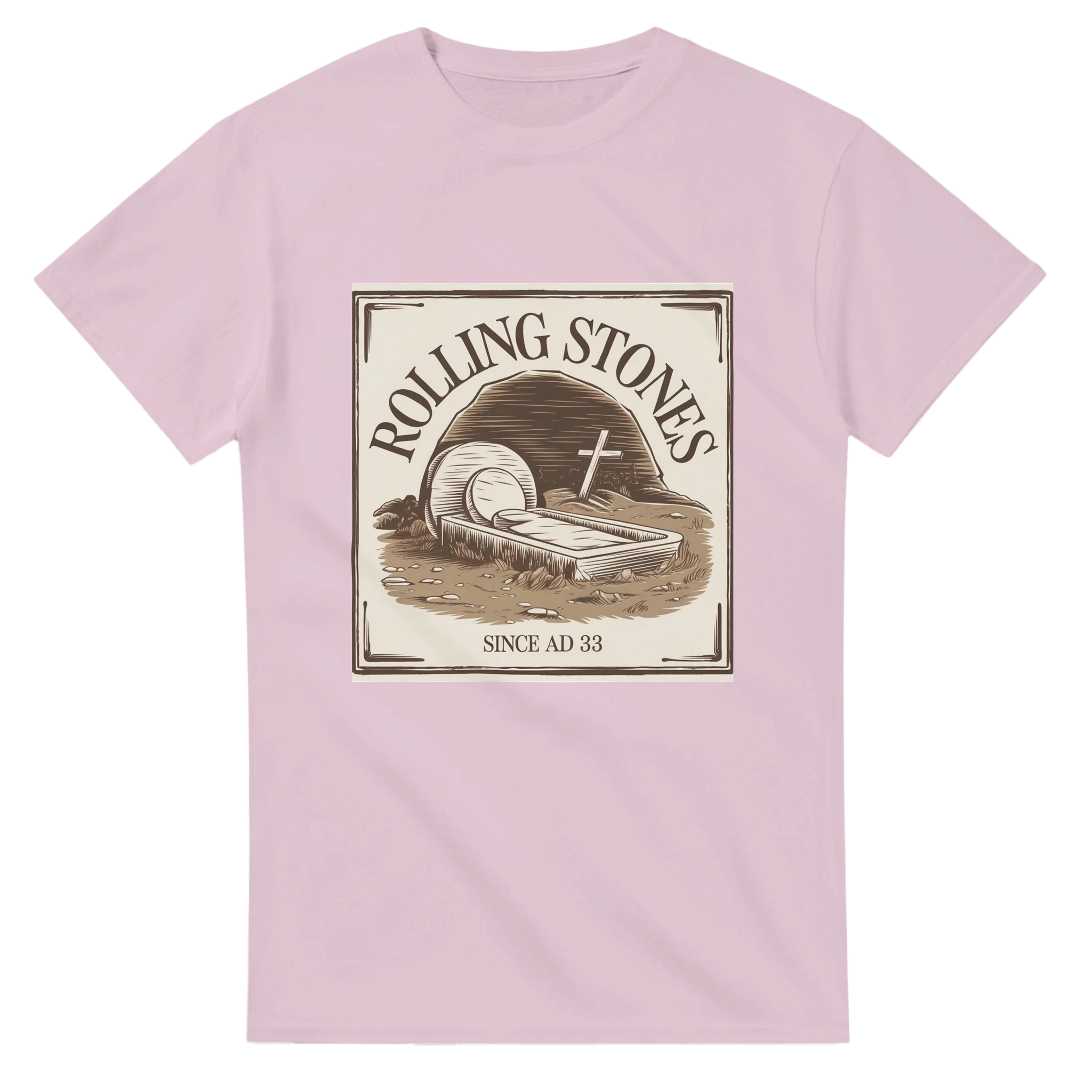 Pink t-shirt with Rolling Stones graphic design on a white background