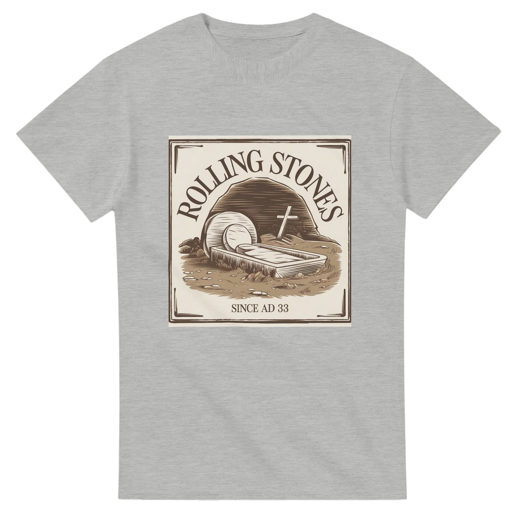 Gray t-shirt with 'Rolling Stones' graphic design on a white background