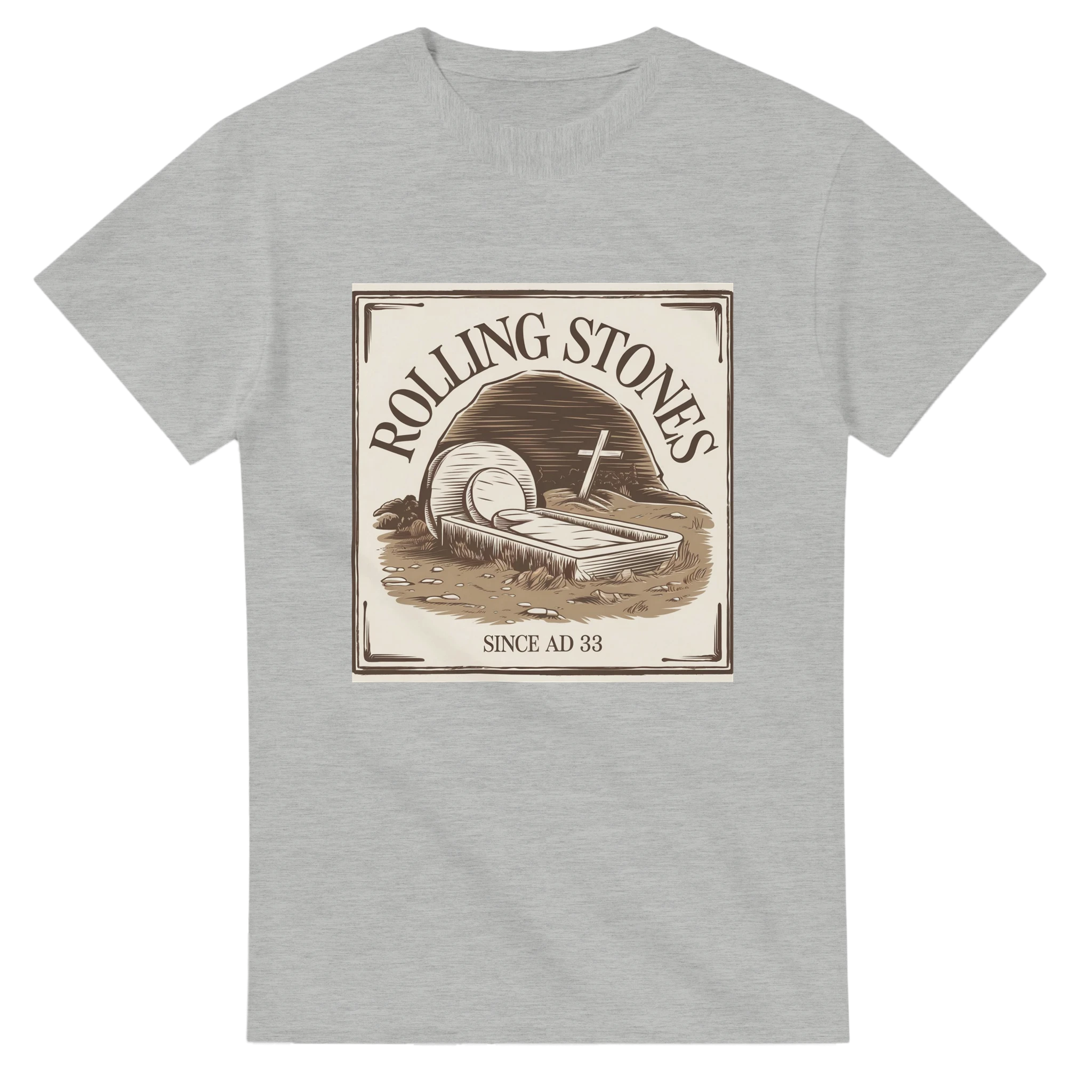 Gray t-shirt with 'Rolling Stones' graphic design on a white background