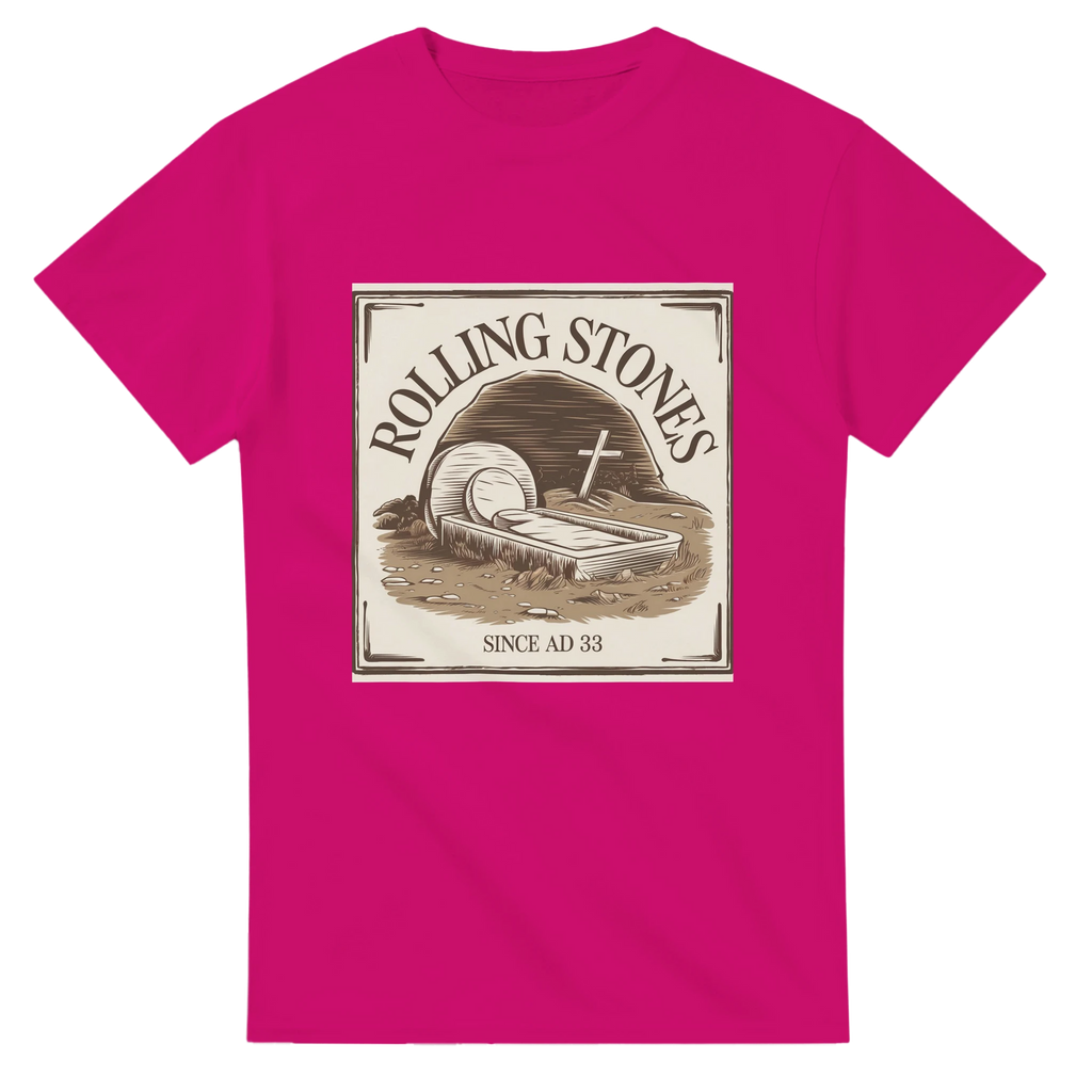 Pink t-shirt with 'Rolling Stones' graphic design on a white background