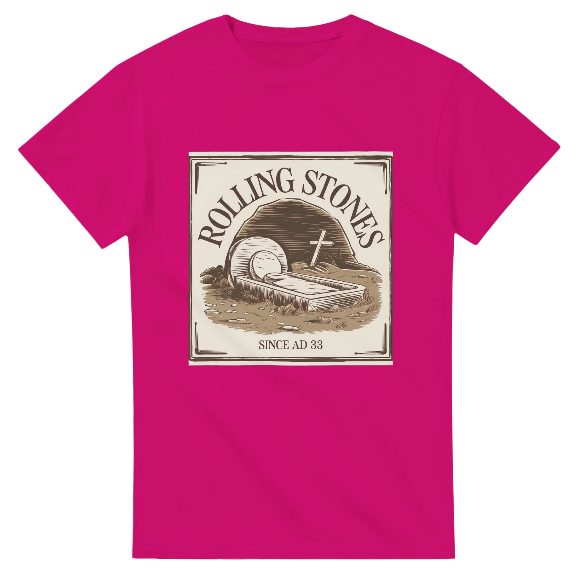 Pink t-shirt with 'Rolling Stones' graphic design on a white background