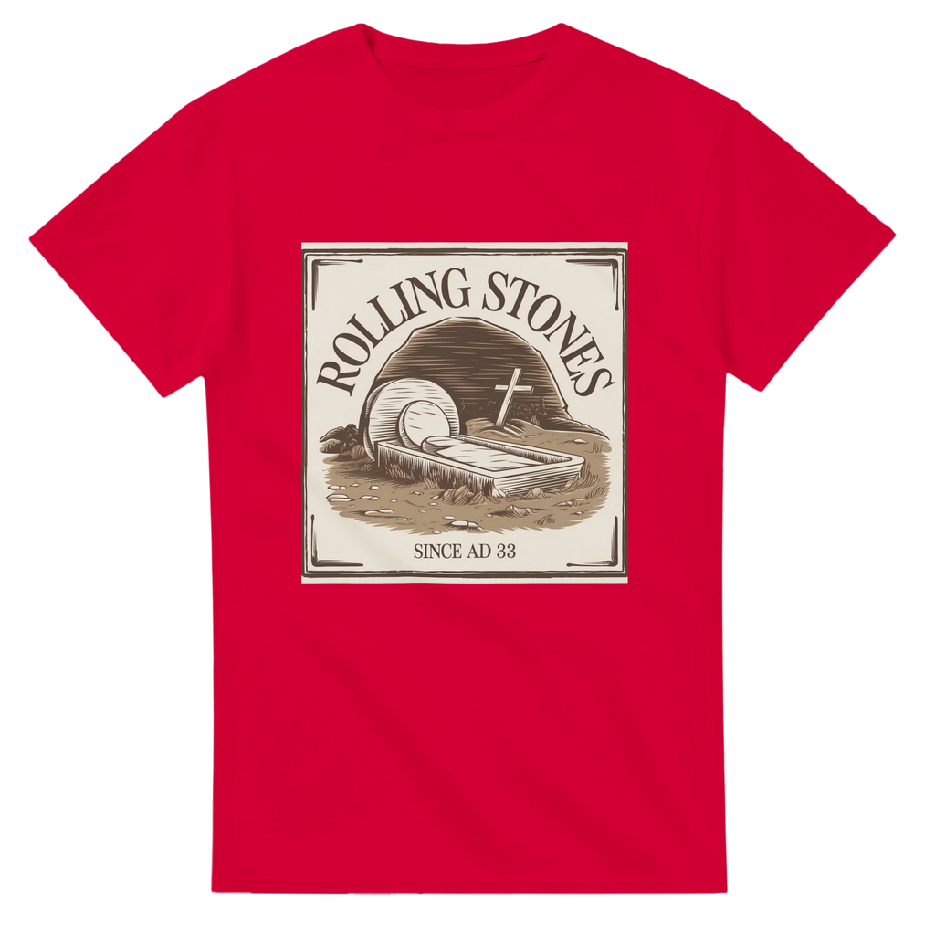 Red t-shirt with 'Rolling Stones' graphic design on a white background