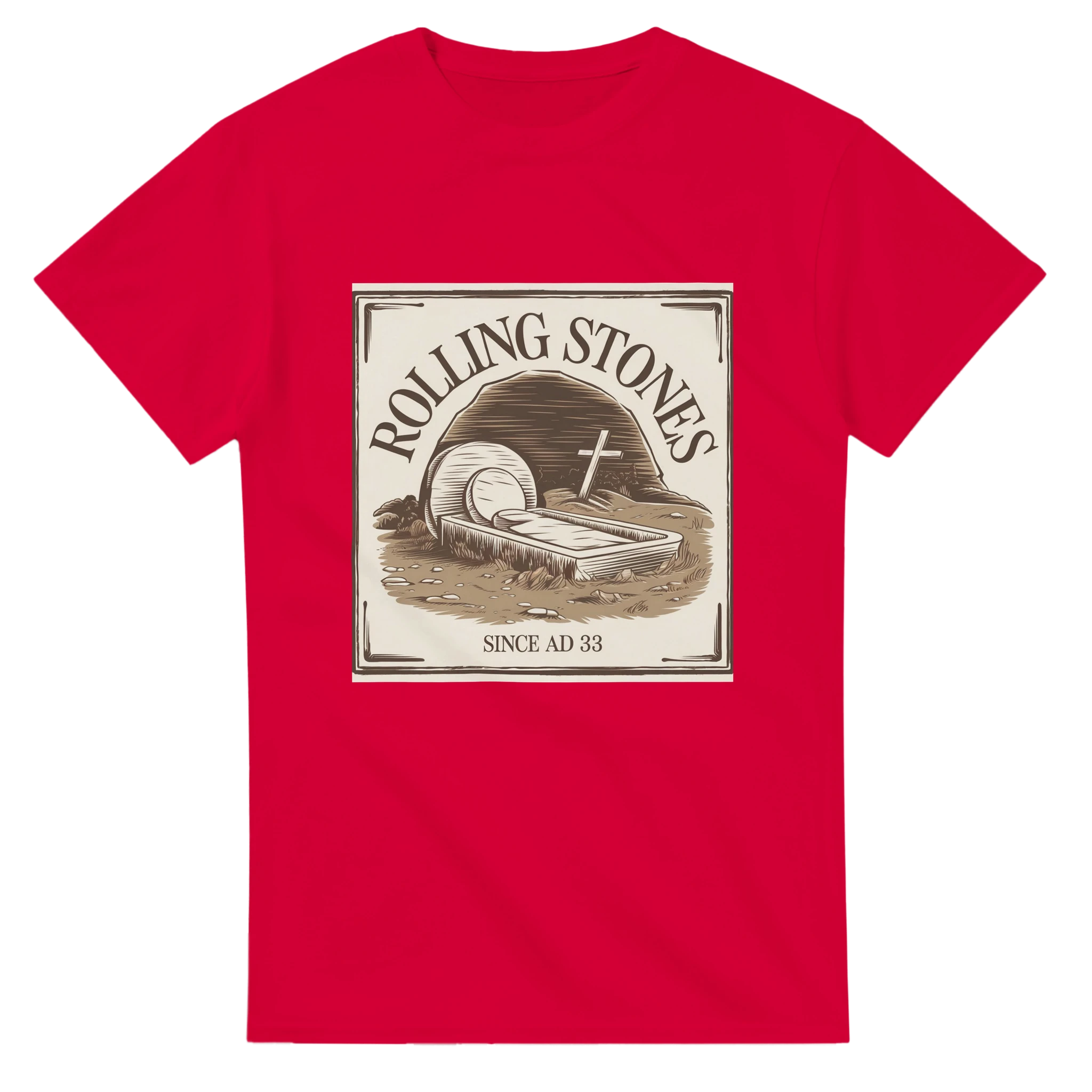 Red t-shirt with 'Rolling Stones' graphic design on a white background