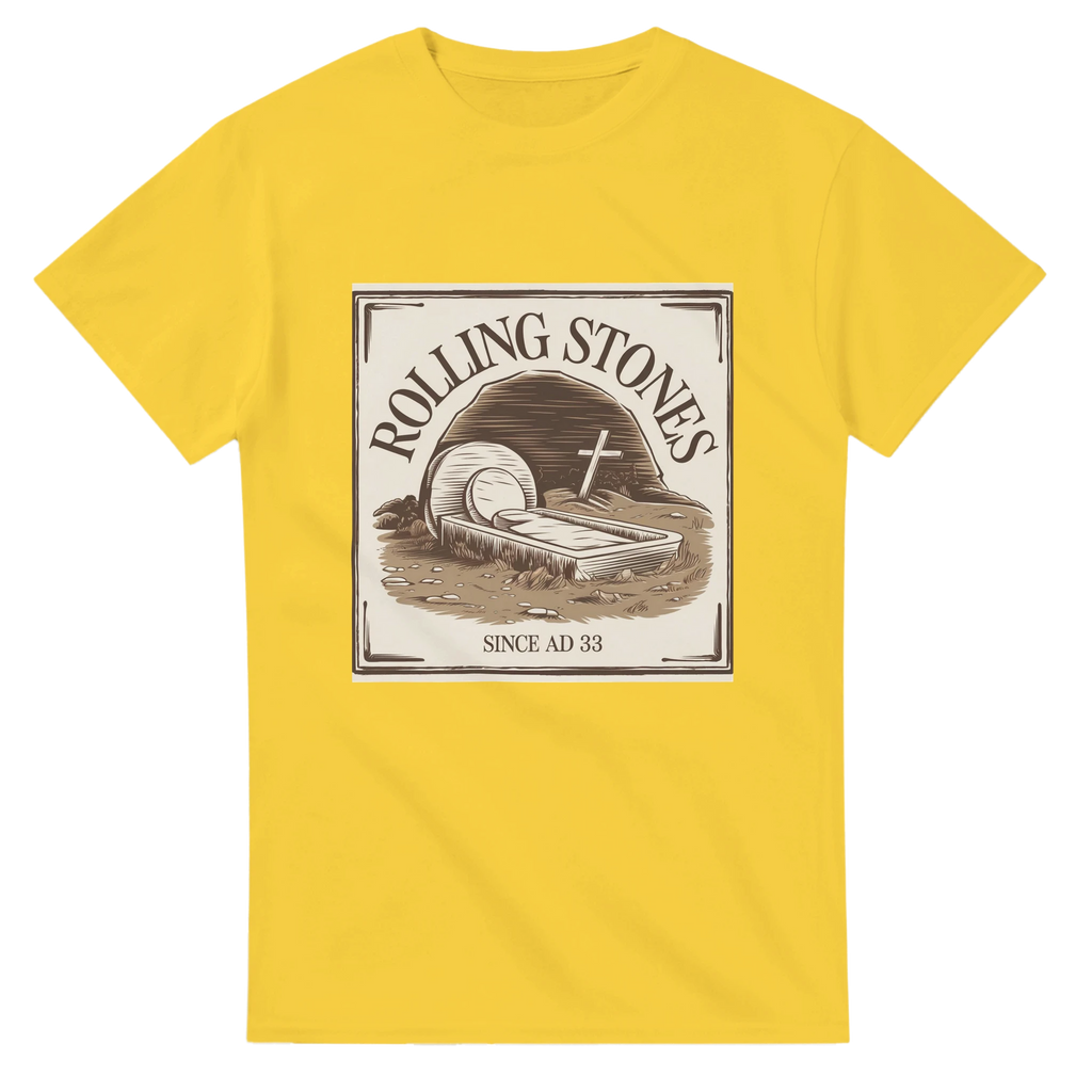 Yellow t-shirt with Rolling Stones graphic design on a white background