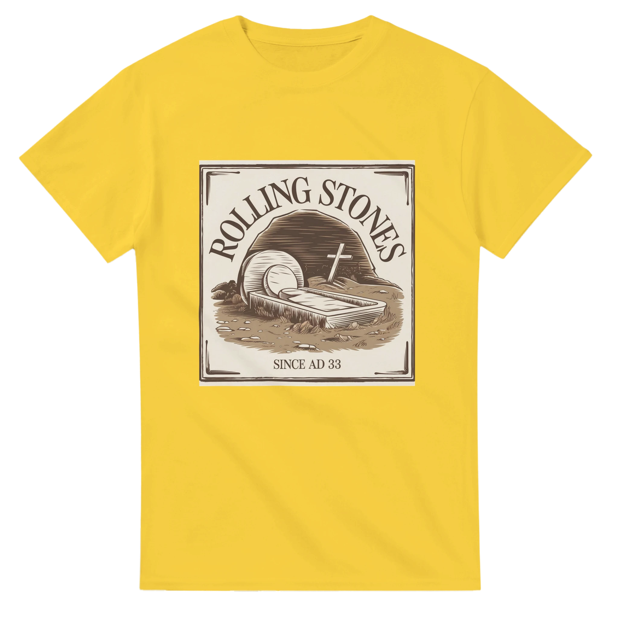 Yellow t-shirt with Rolling Stones graphic design on a white background