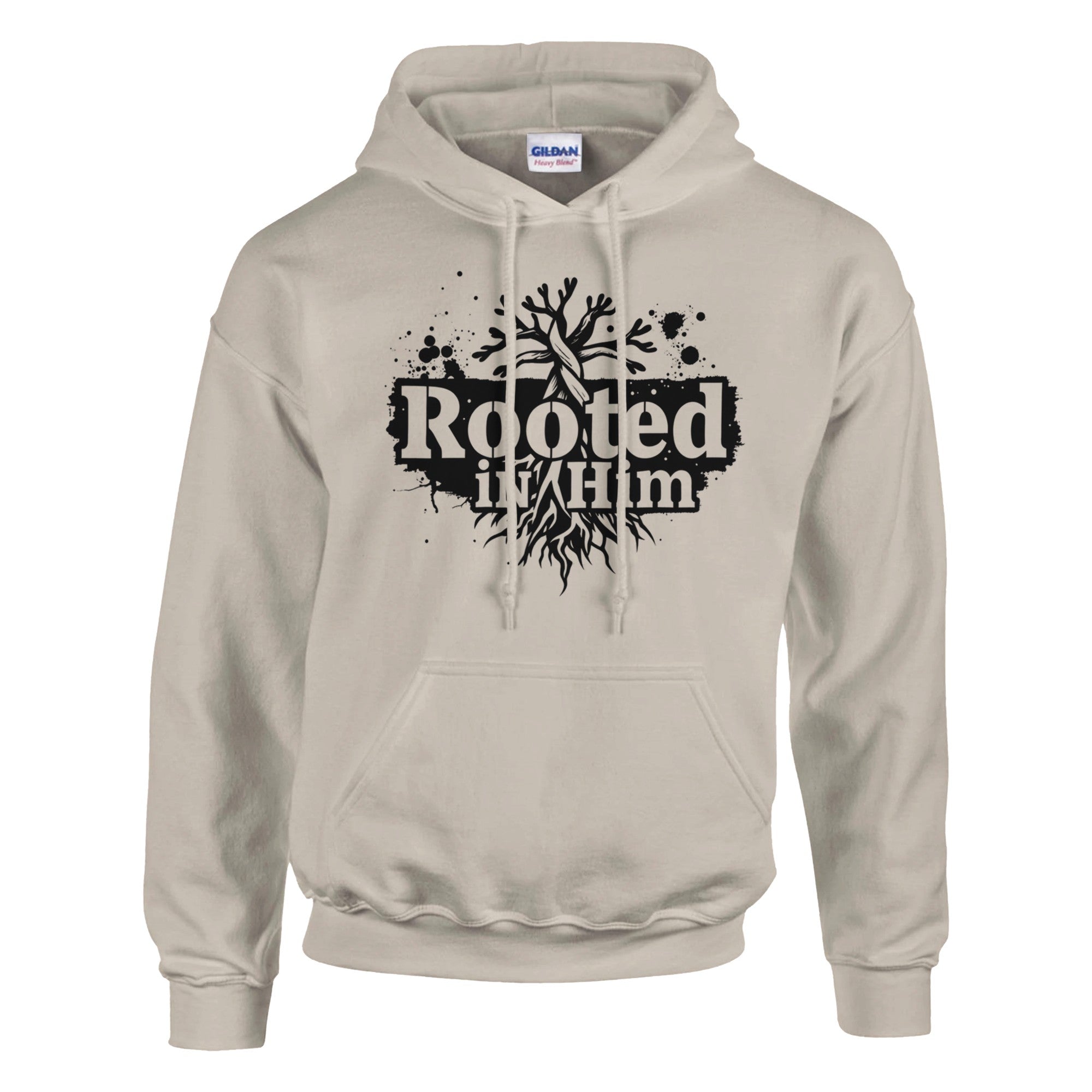 Beige hoodie with 'Rooted in Him' graphic design on a white background