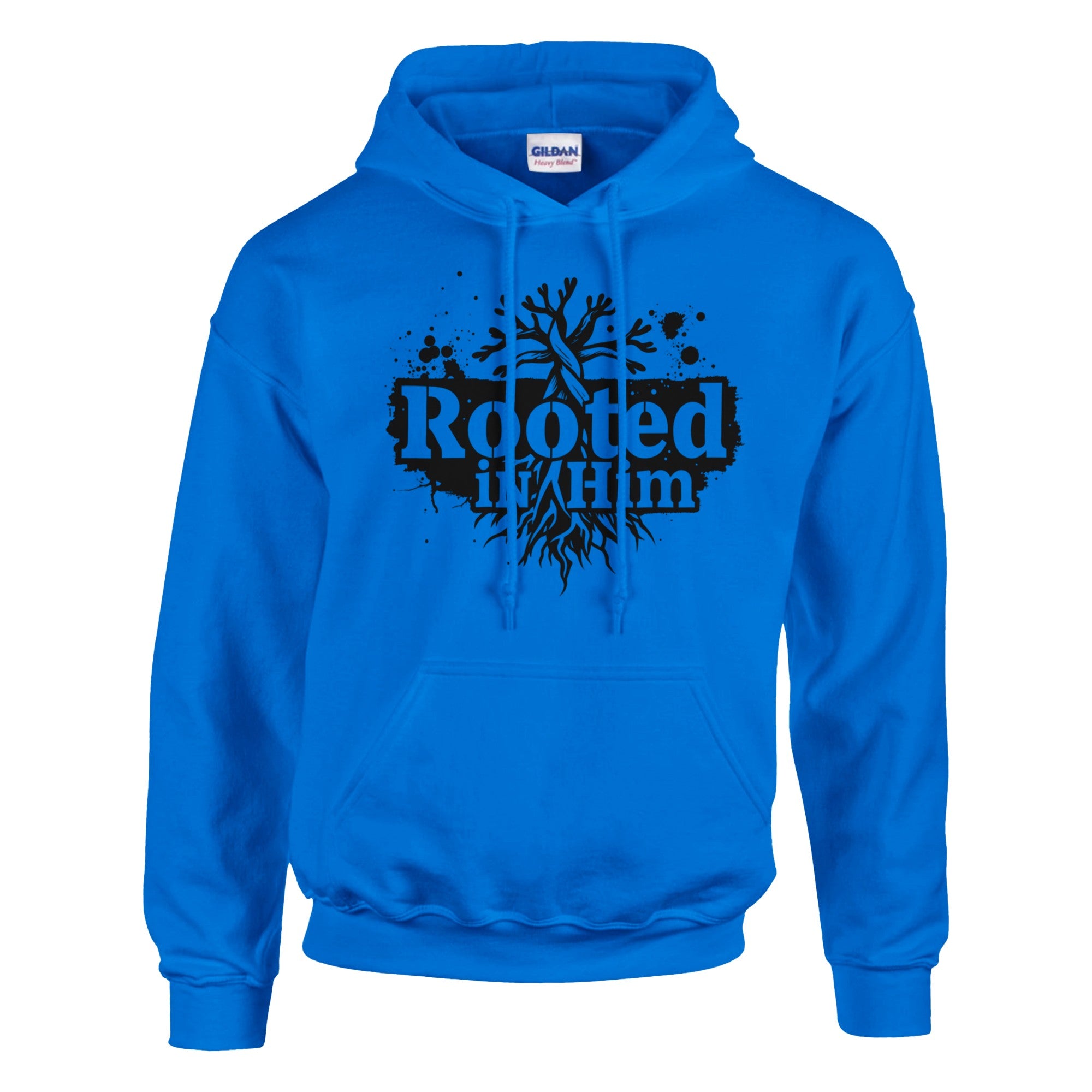 Blue hoodie with black graphic and text on a white background