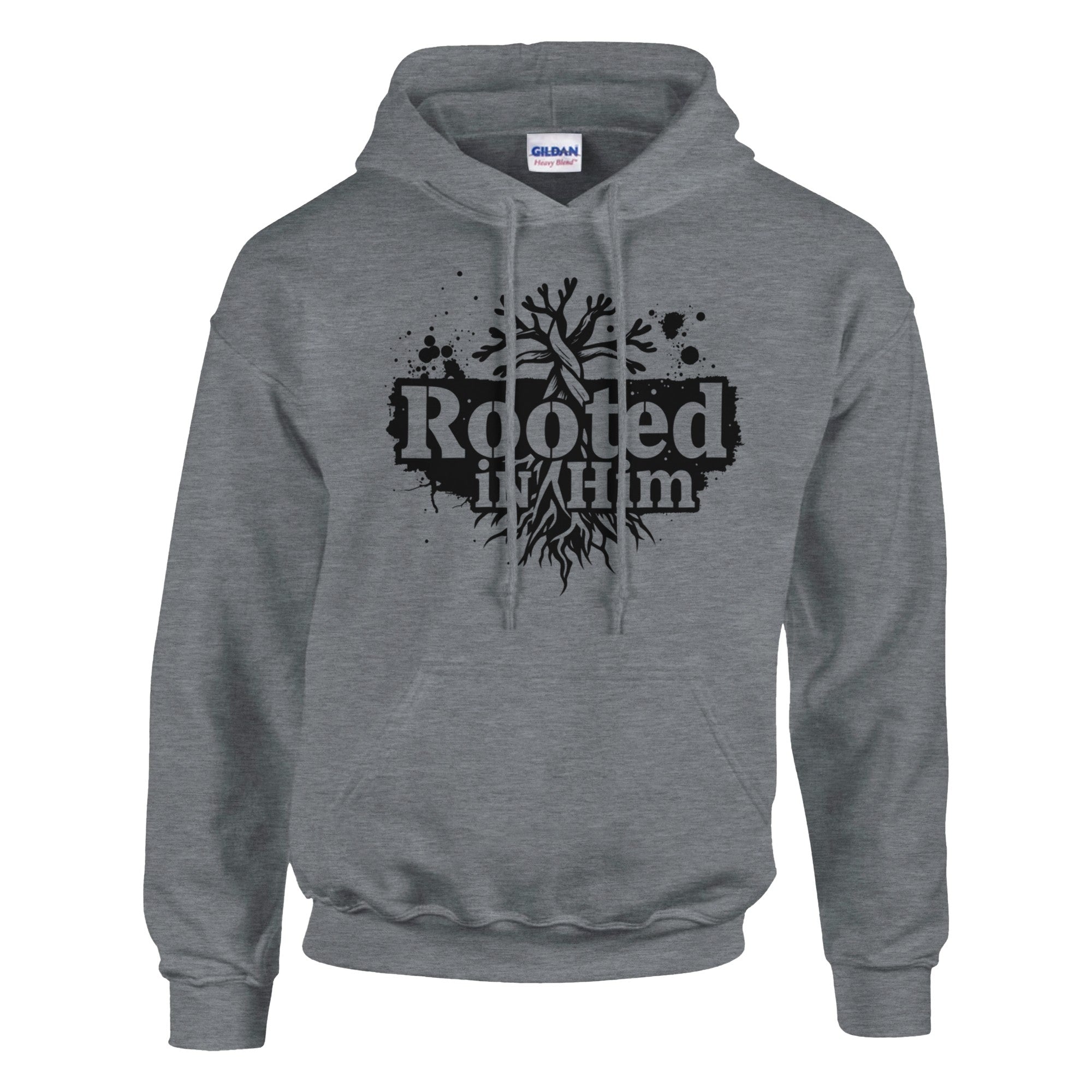 Grey hoodie with 'Rooted In Him' design on a white background
