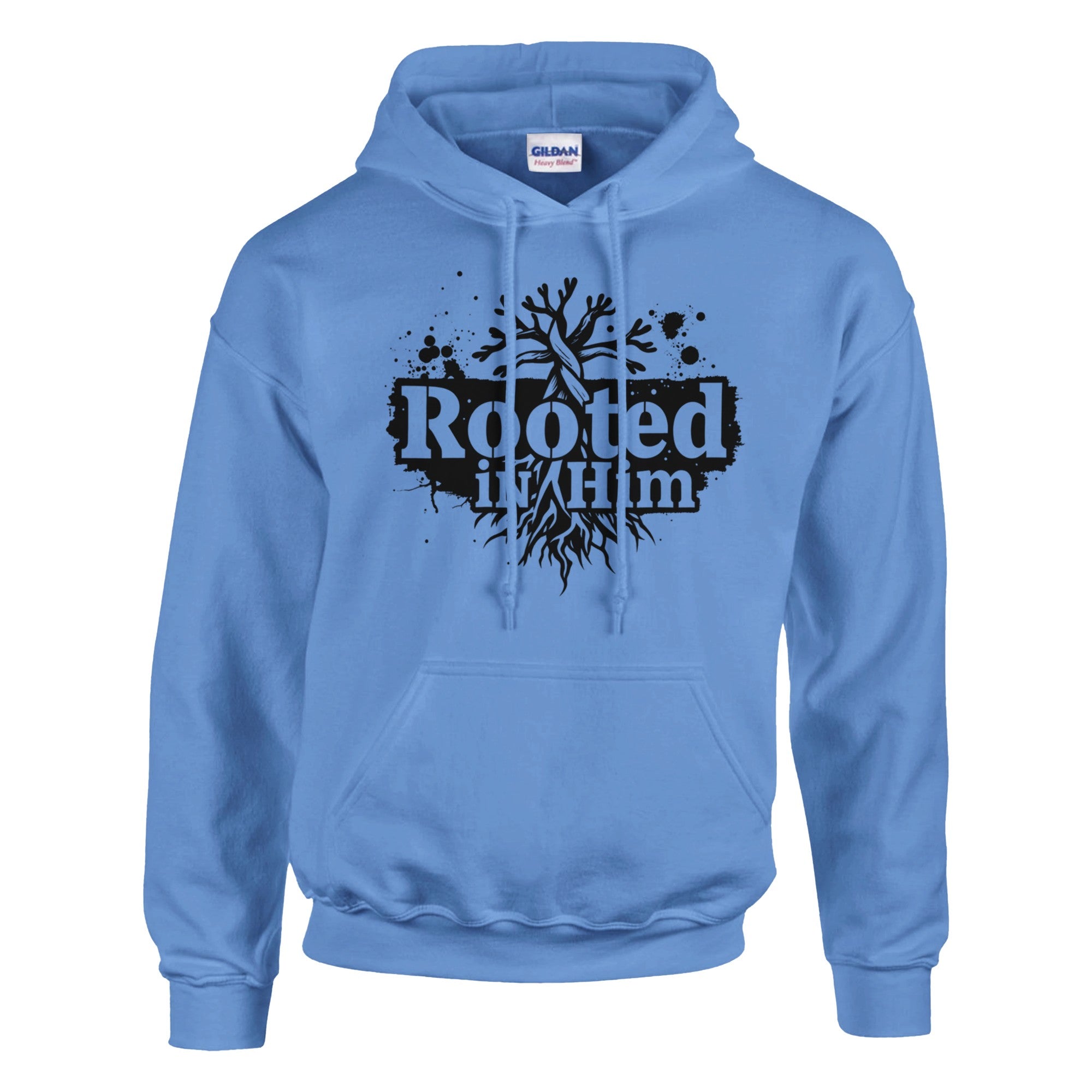Light blue hoodie with 'Rooted In Him' design on a white background