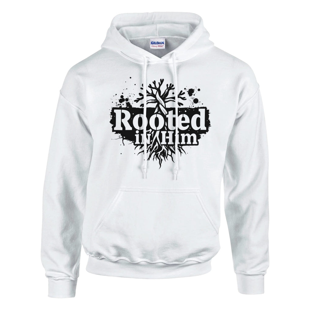 White hoodie with 'Rooted in Him' design on a white background