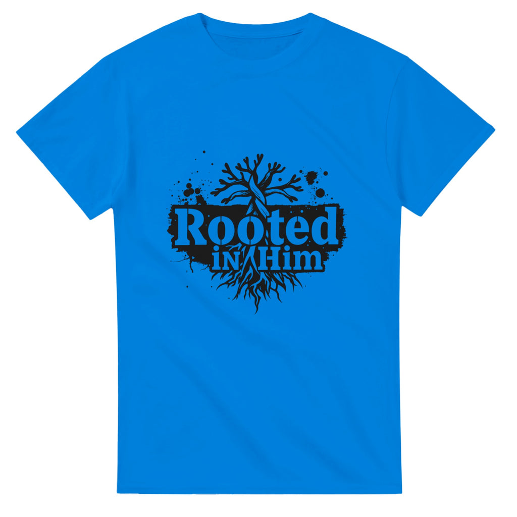 Blue t-shirt with 'Rooted in Him' text and graphic on a white background