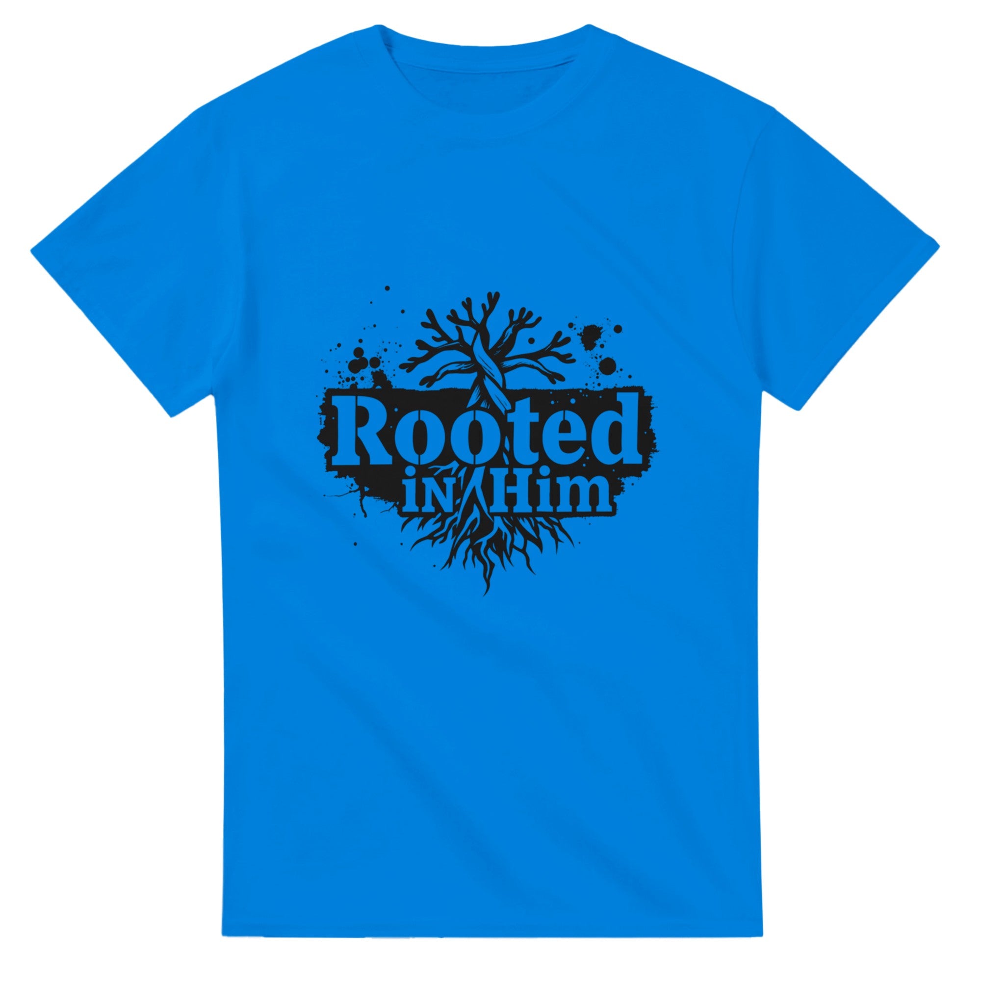 Blue t-shirt with 'Rooted in Him' text and graphic on a white background