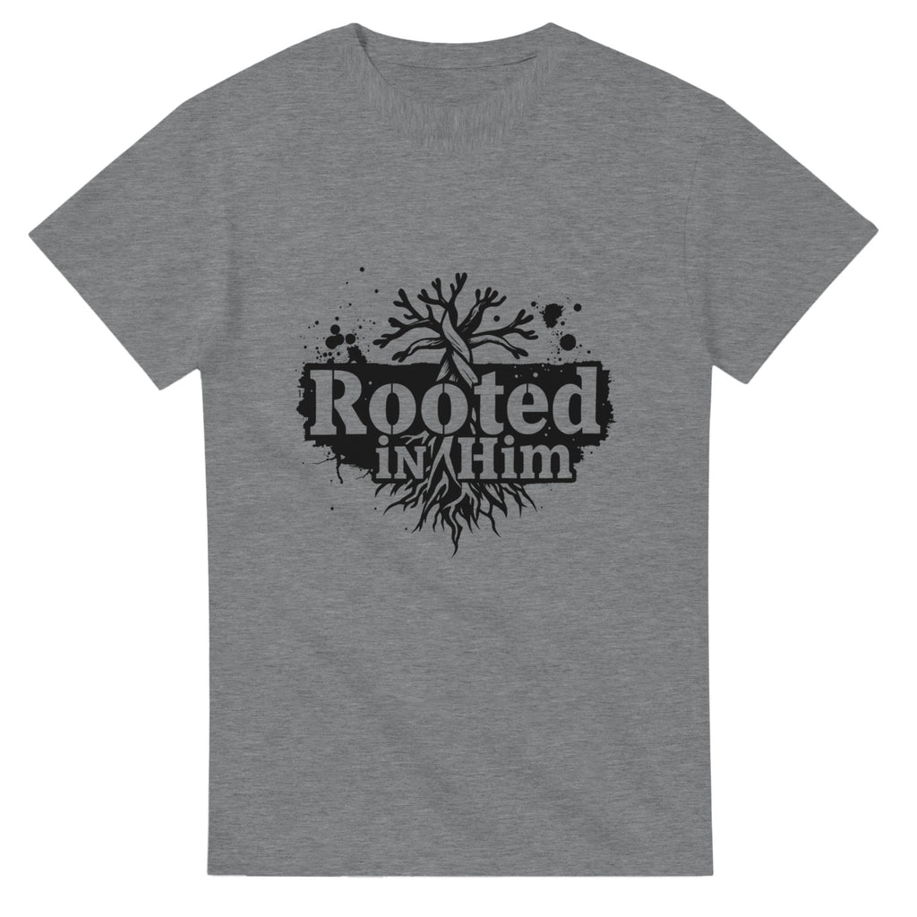 Gray t-shirt with 'Rooted in Him' graphic design on a white background