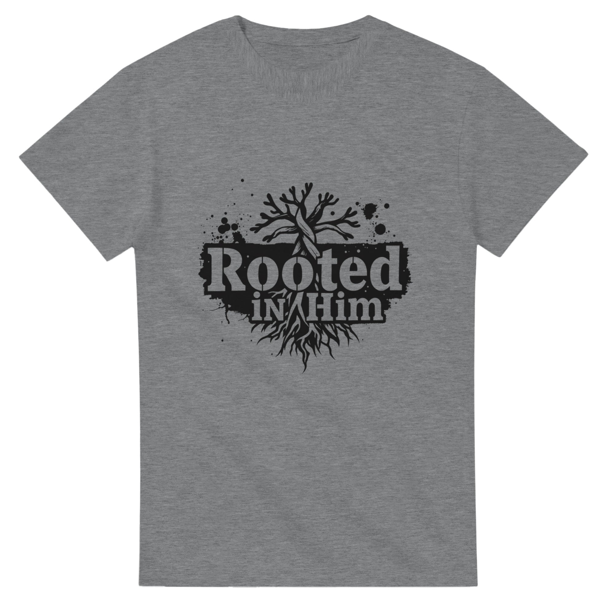 Gray t-shirt with 'Rooted in Him' graphic design on a white background