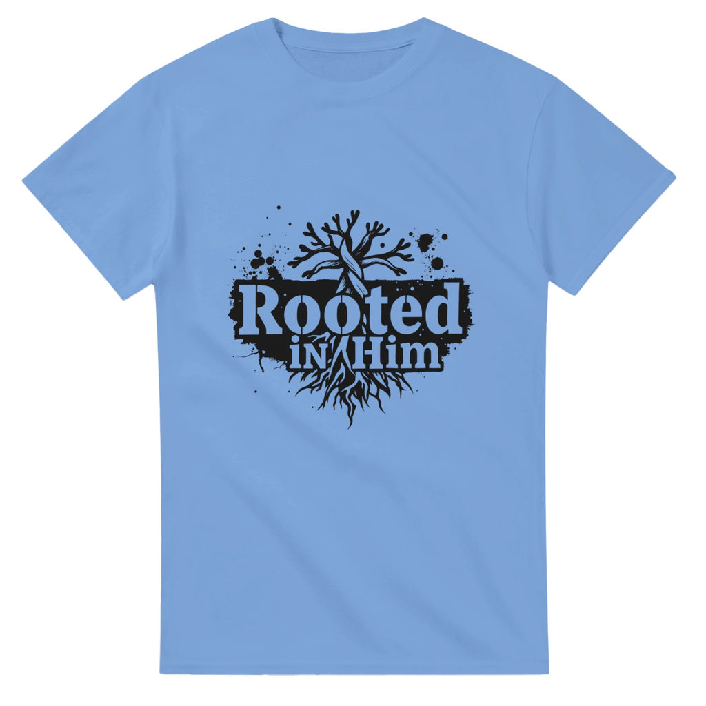 Light blue t-shirt with 'Rooted in Him' design on a white background
