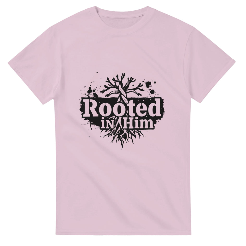 Pink t-shirt with 'Rooted in Him' design on a white background