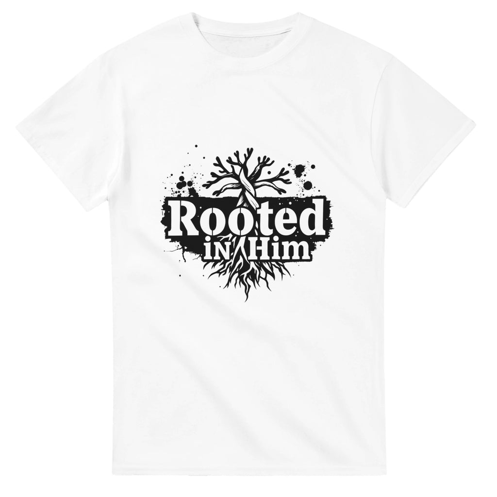 White t-shirt with 'Rooted in Him' design on a white background