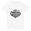 White t-shirt with 'Rooted in Him' design on a white background