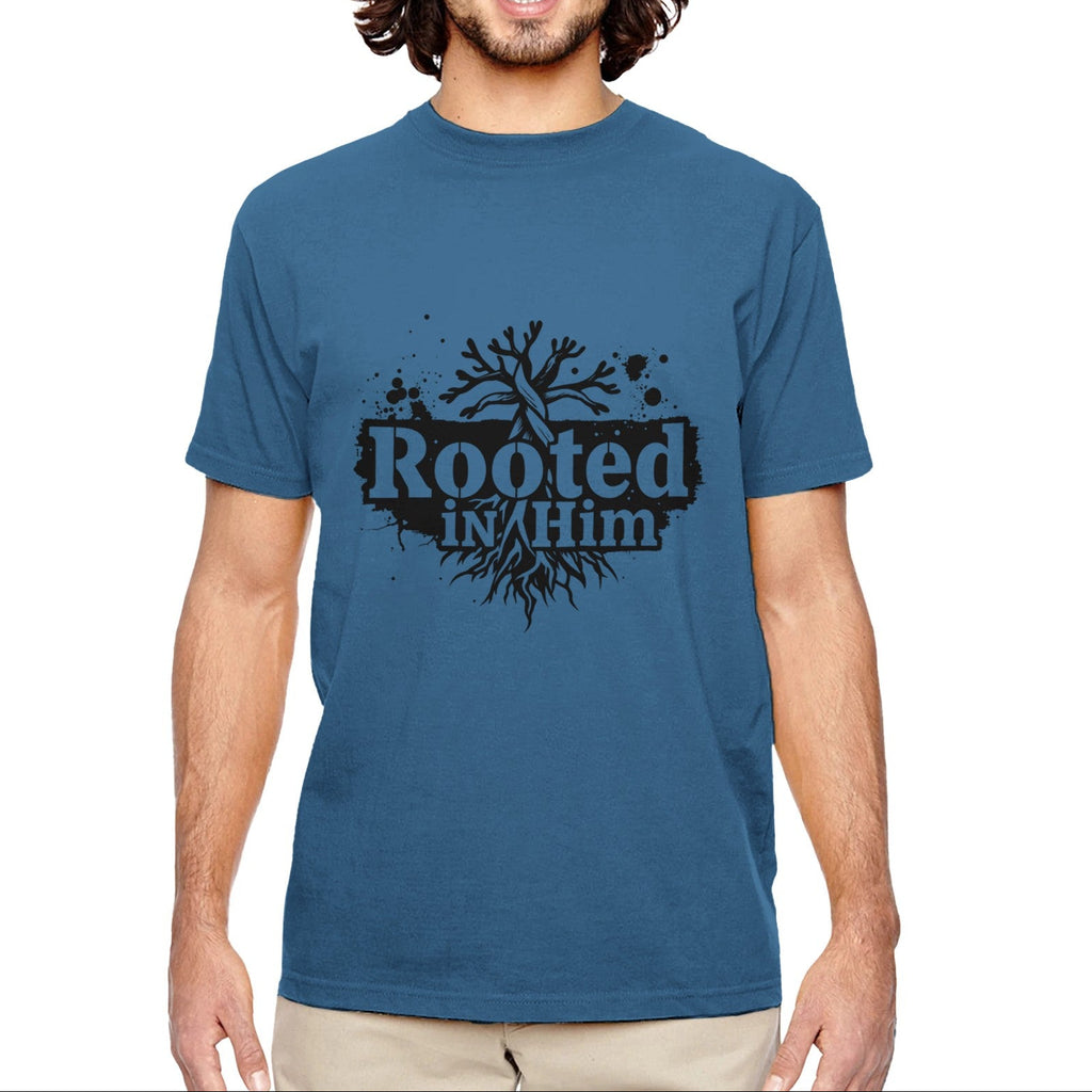 Man wearing a blue t-shirt with 'Rooted in Him' design on a white background