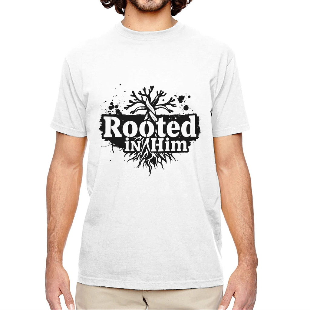 Man wearing a white t-shirt with 'Rooted in Him' design on a white background