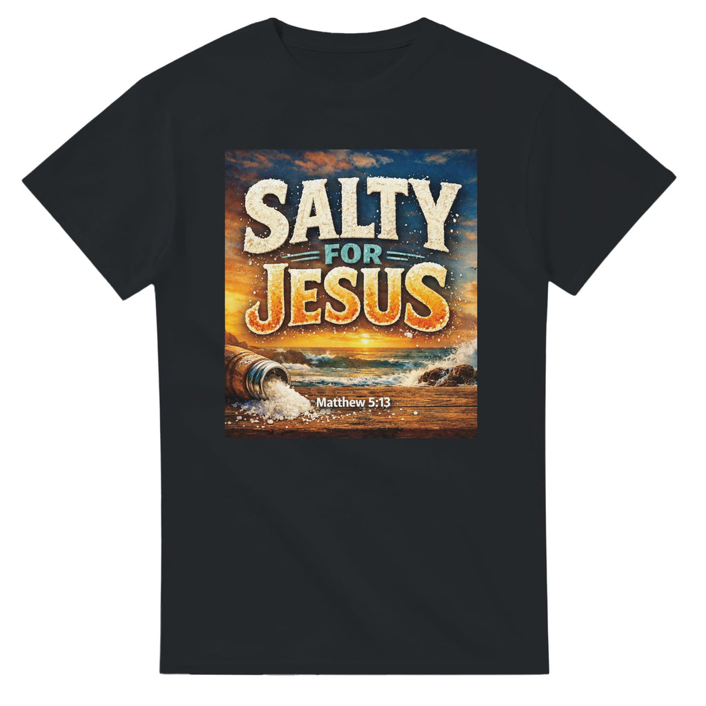 Black t-shirt with 'Salty for Jesus' graphic design on a white background